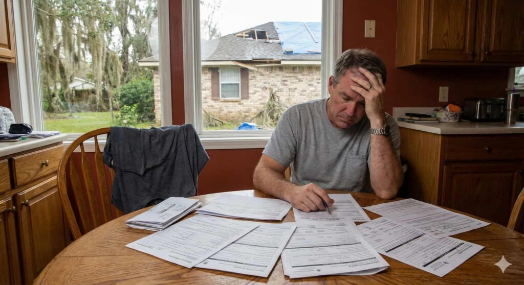 Frustrated homeowner in Louisiana reviewing delayed insurance claim paperwork with storm damage visible in the background.